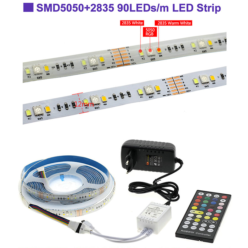 DC12V 16.4ft/5M 5050 RGBWW+CW LED Strip Light Kit,90LEDs/M, With 44key IR Remote Controller, Color Changing LED Light Strip